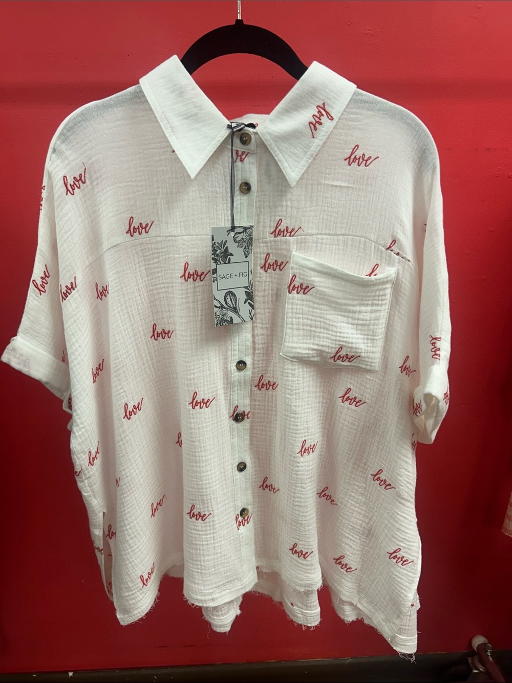 SAGE + FIG White Button-Down Shirt with Red 'Love' Script